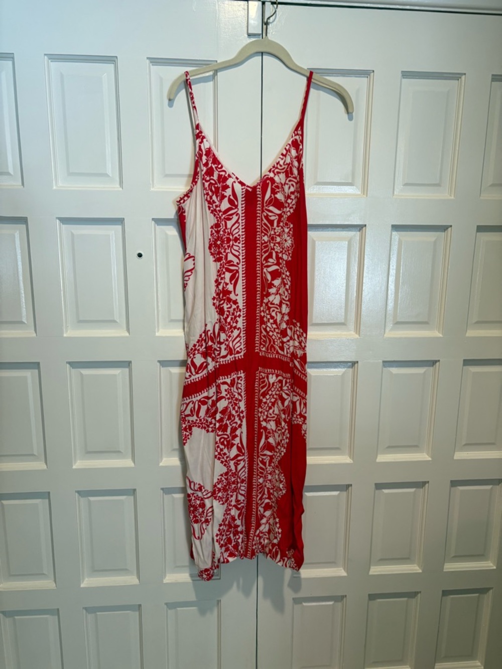 Red and White Floral Print Spaghetti Strap Dress by Karen Kane. Viscose fabric